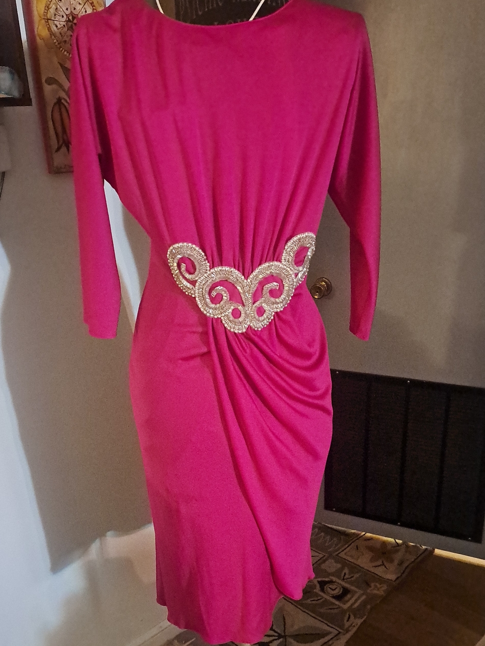 Vintage 70s New Leaf Glam Magenta Wrap Front Dress With Beaded Embellishment, 8